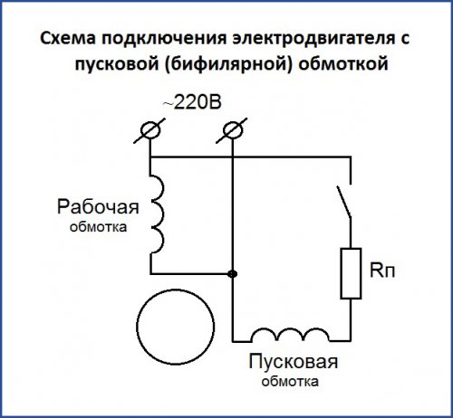Схема подключения электродвигателя с  пусковой (бифилярной) обмоткой